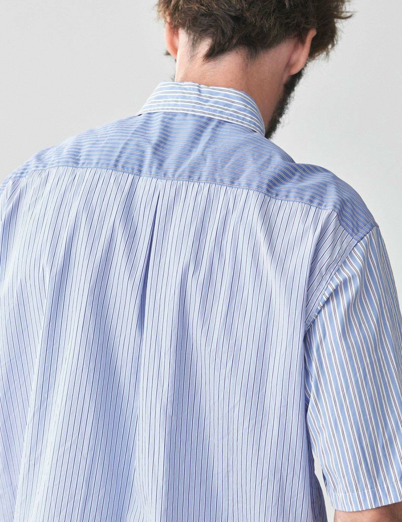 ハイカラー ストライプ パッチワーク 半袖 Tシャツ メンズ c170 半袖ワイシャツ ストライプ ブルー CoolMax ELLE HOMME｜CHOYA